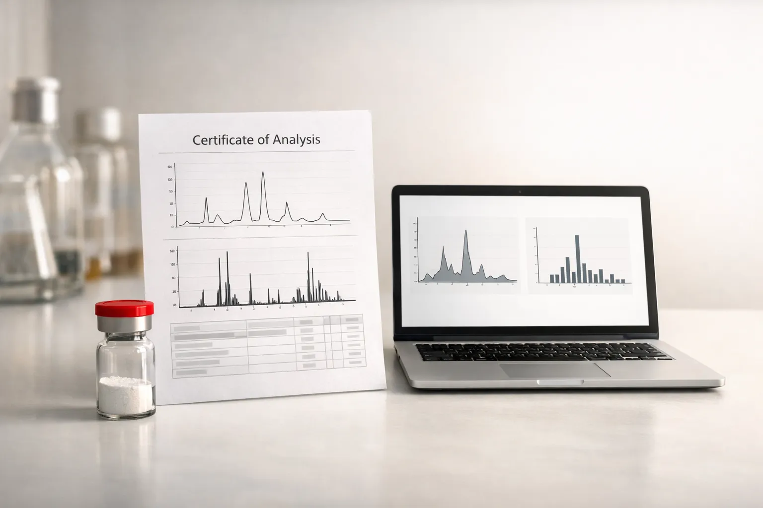Peptide vial beside a certificate of analysis with HPLC and mass spectrometry graphs on a clean laboratory bench