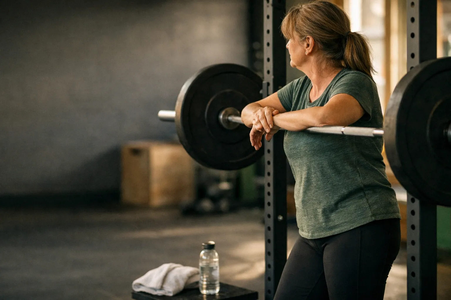 Woman in her late fifties rests beside a barbell in a gym between strength sets