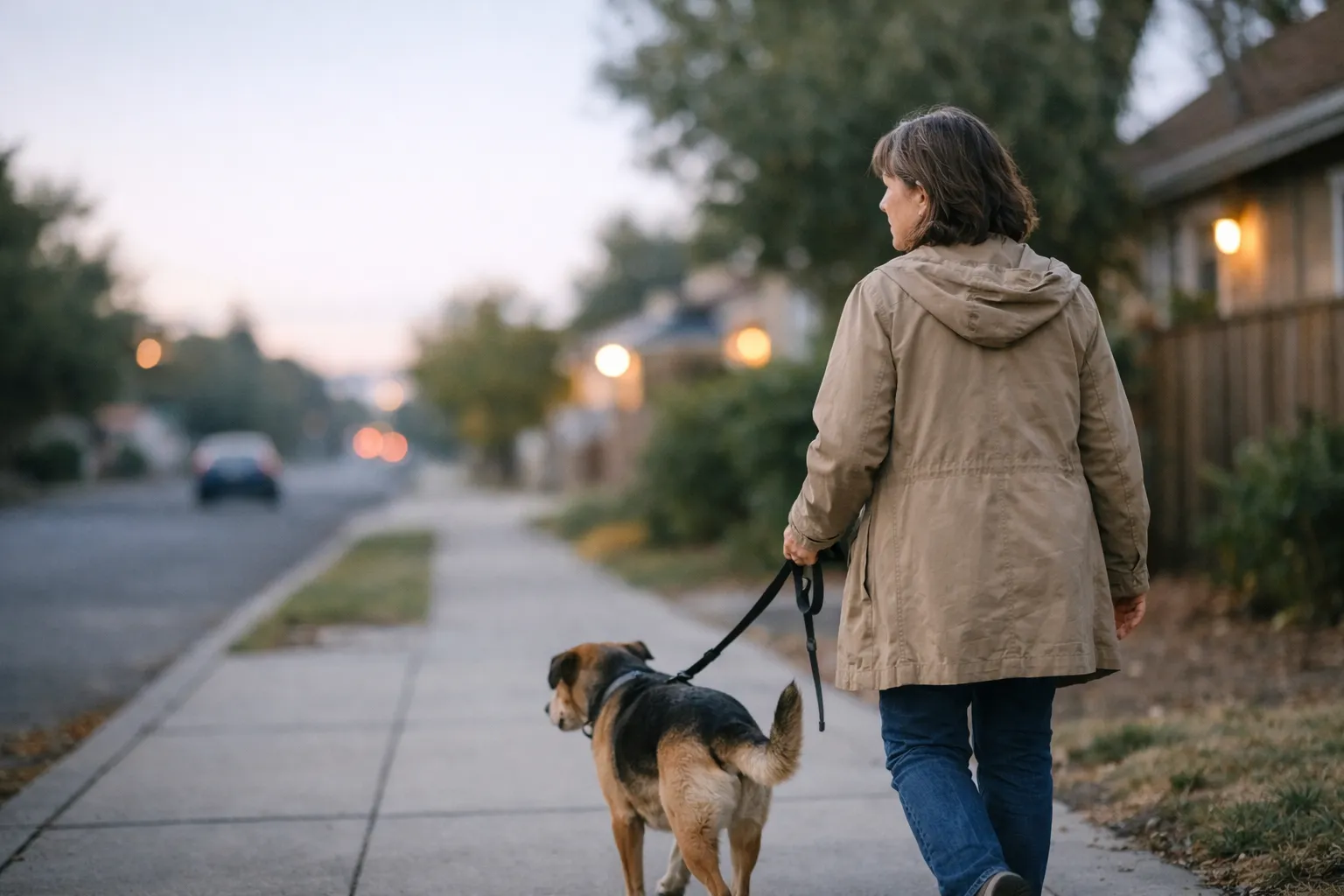 Midlife woman walking a dog at dawn on a quiet sidewalk.