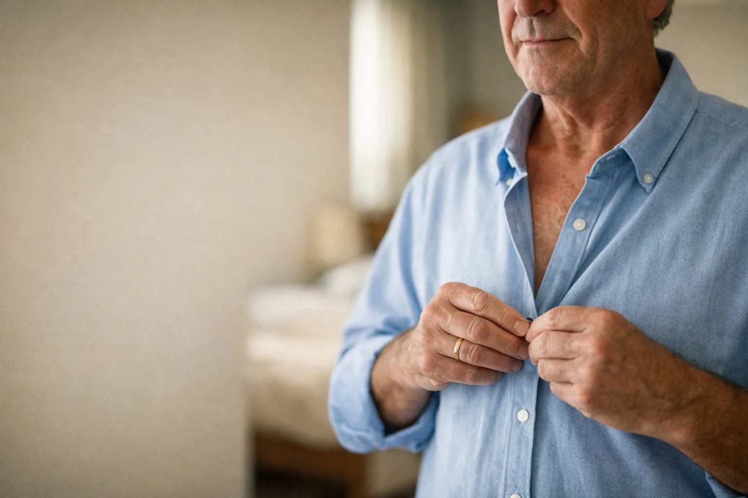Man buttoning a shirt in soft morning light, suggesting everyday skin recovery.