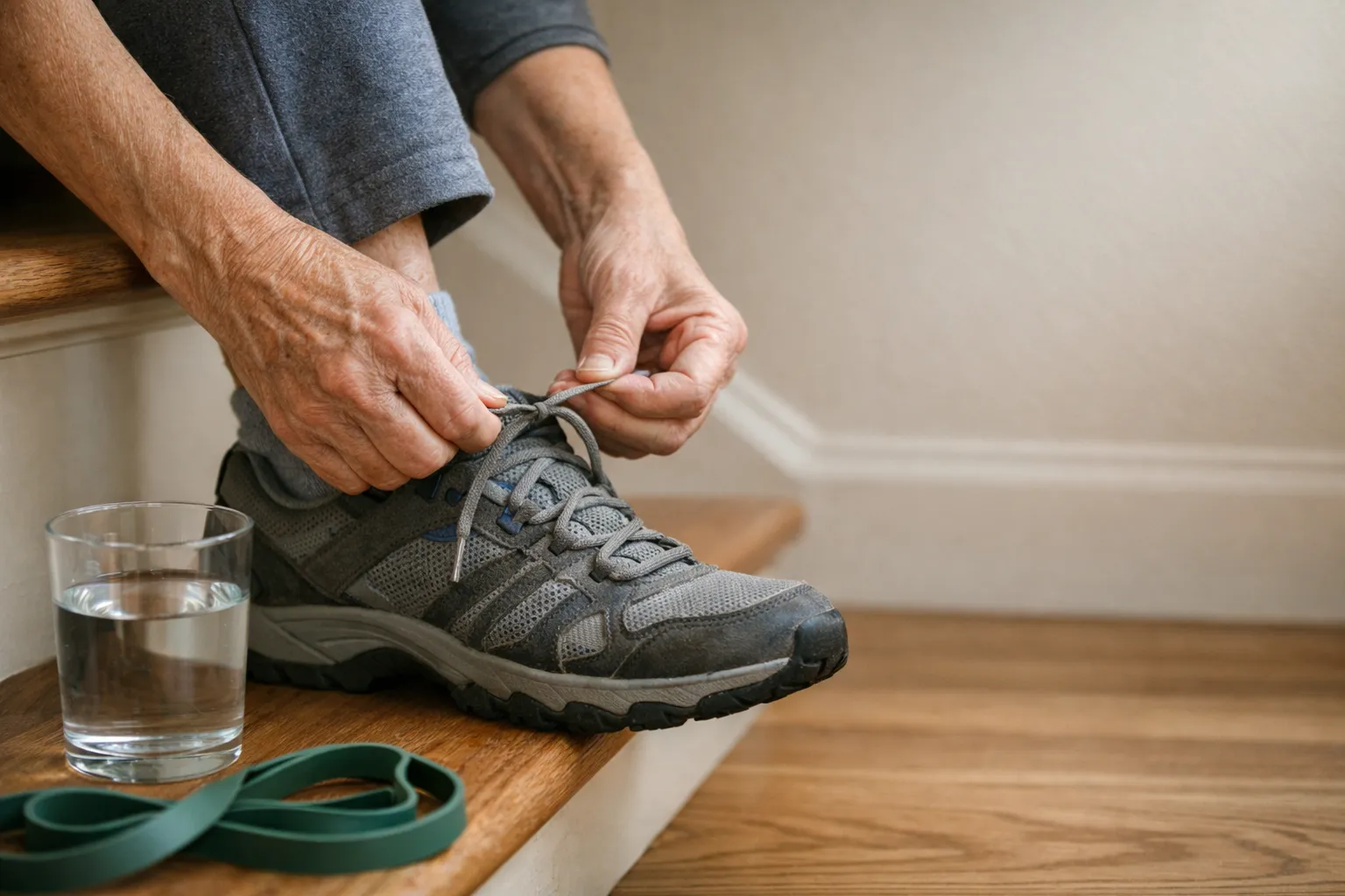 Older adult tying walking shoes at the bottom of a staircase.