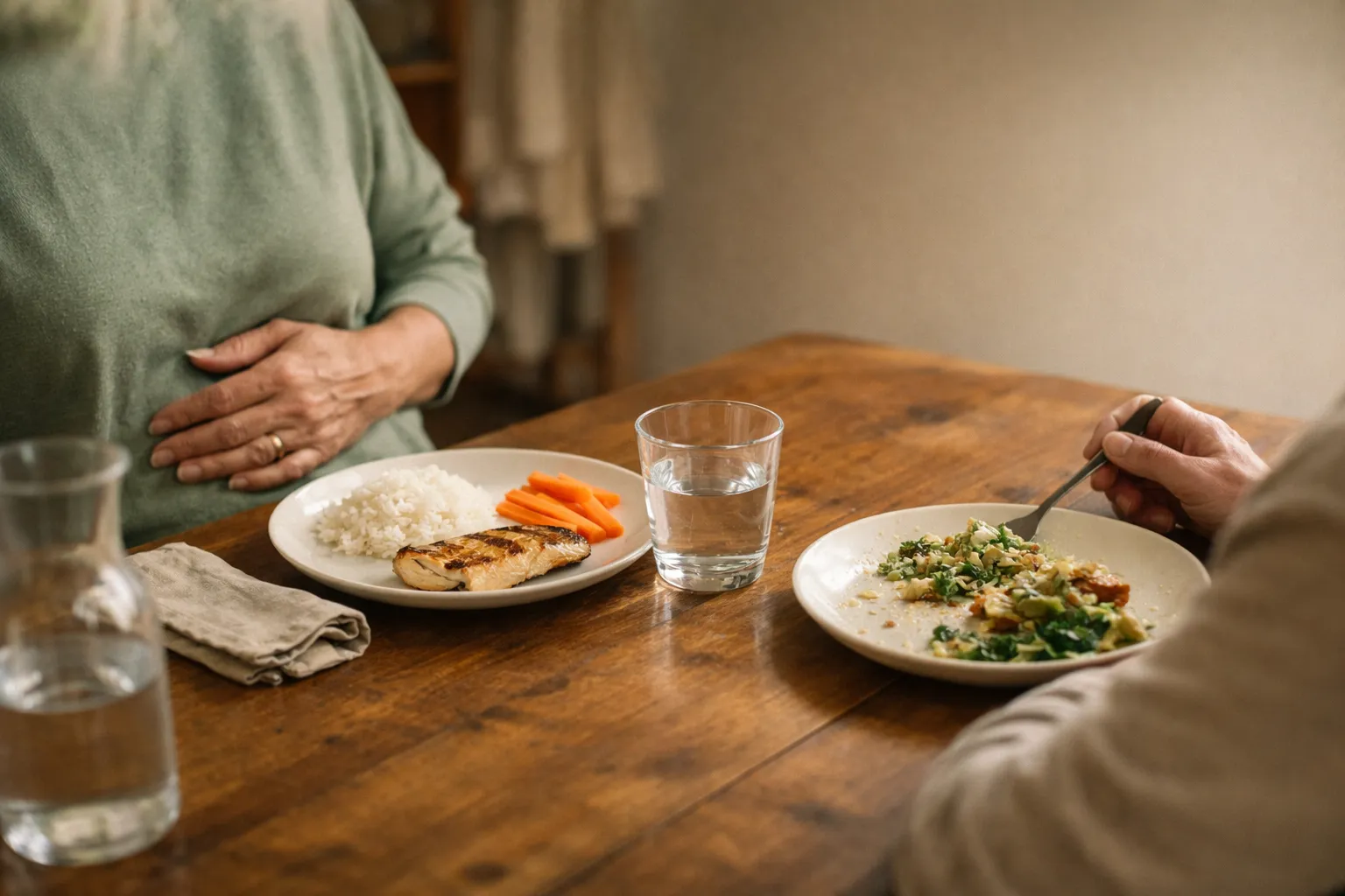 Adults at a lunch table, one plate barely touched and a hand resting near the abdomen.