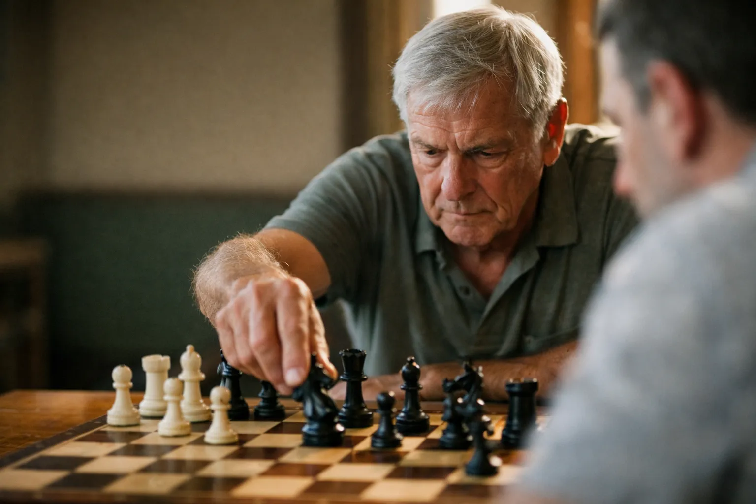 Older man leans forward in concentration while moving a chess piece during a game.
