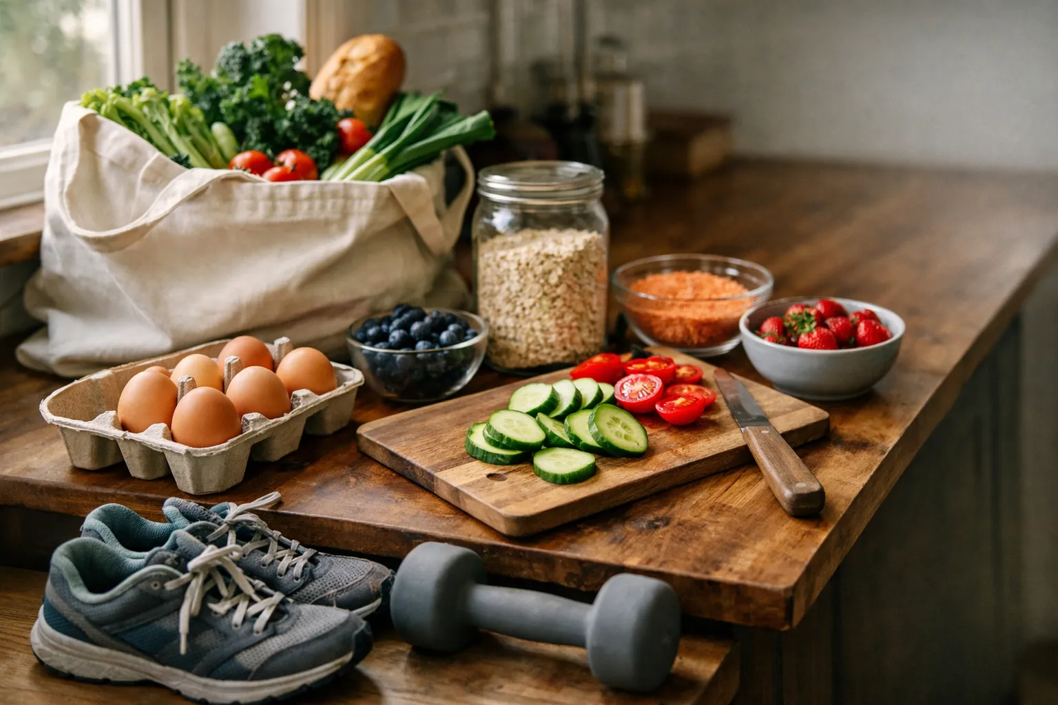 Groceries, walking shoes, and a dumbbell on a sunlit kitchen counter.