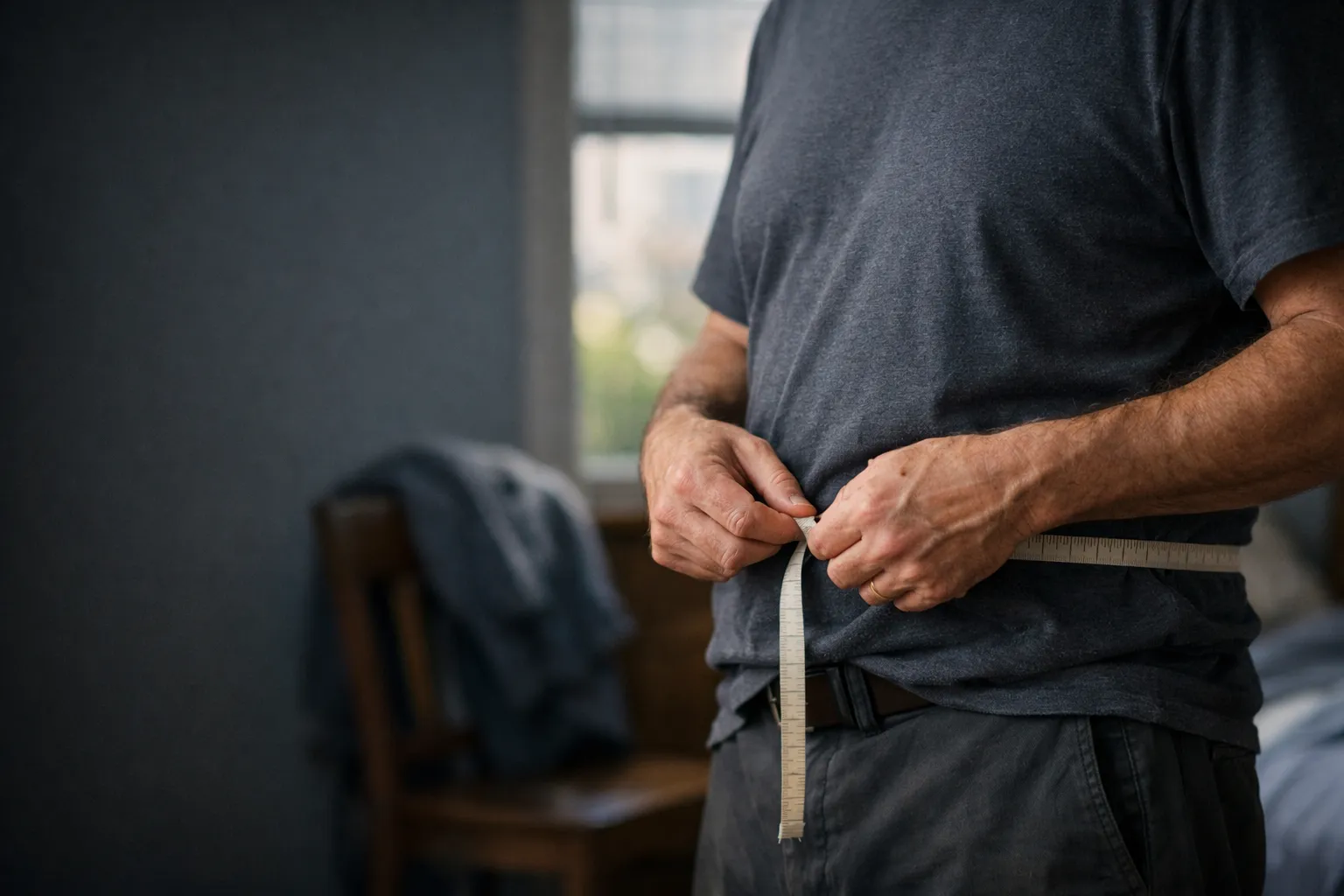 Anonymous adult adjusts a measuring tape around his waist in a softly lit bedroom.
