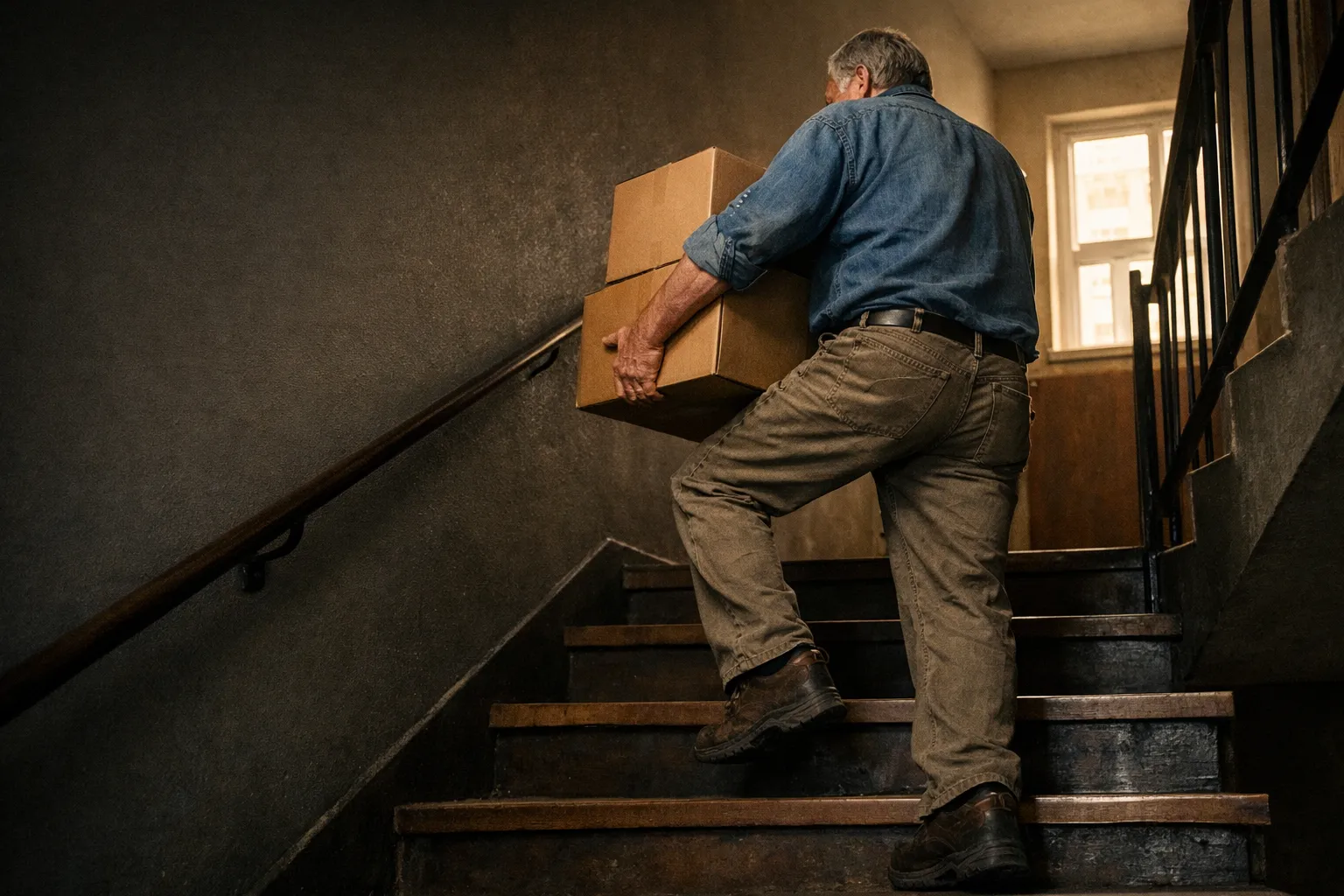 Man in everyday clothes carrying two heavy boxes up an apartment stairwell, midway through the climb.