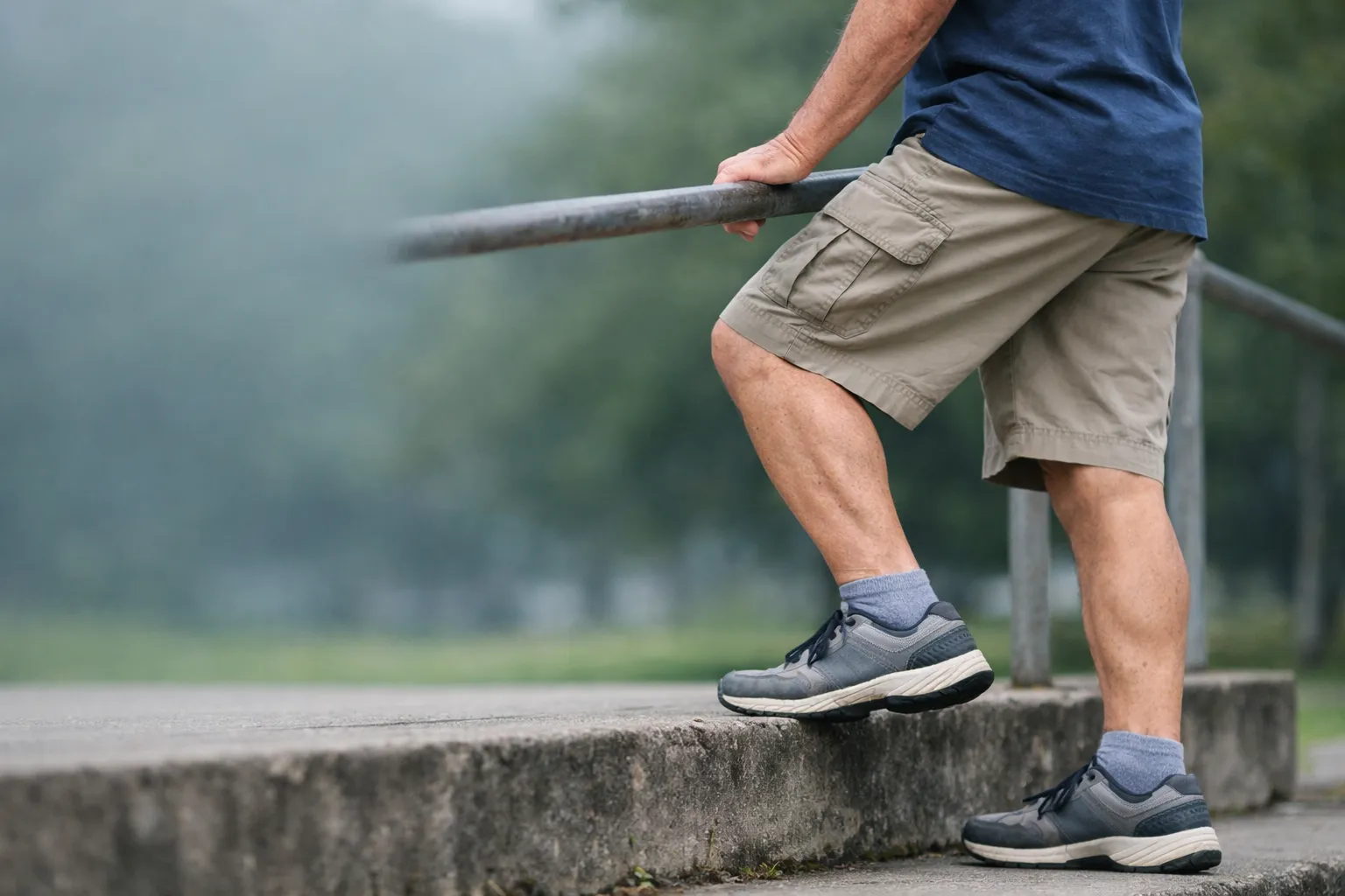 Older man performs a supported single-leg heel raise on a park step in early morning light.