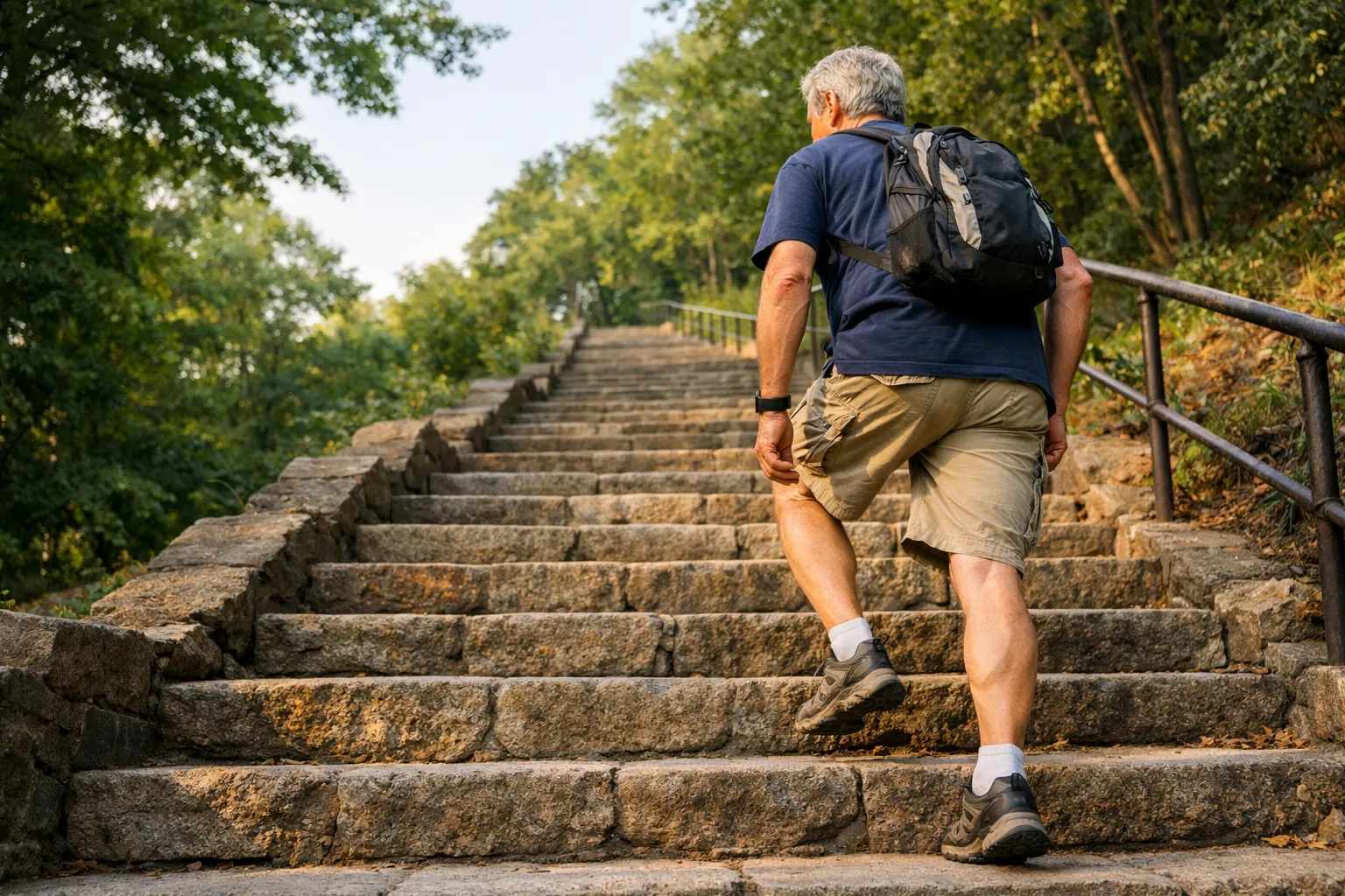 Older man climbing a long stone staircase uphill through a leafy park, visibly exerting himself.