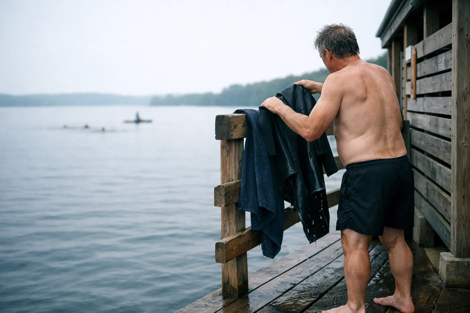 Man hangs a wet wetsuit on a lakeside rail after an open-water swim.