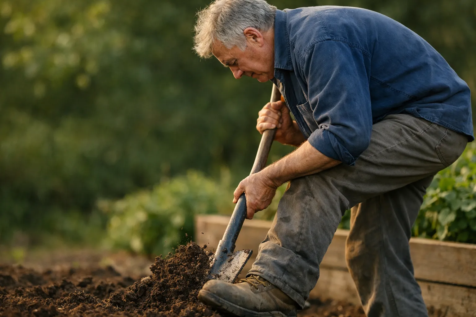 Older man presses a spade into soil and turns a garden bed, using his legs and arms.