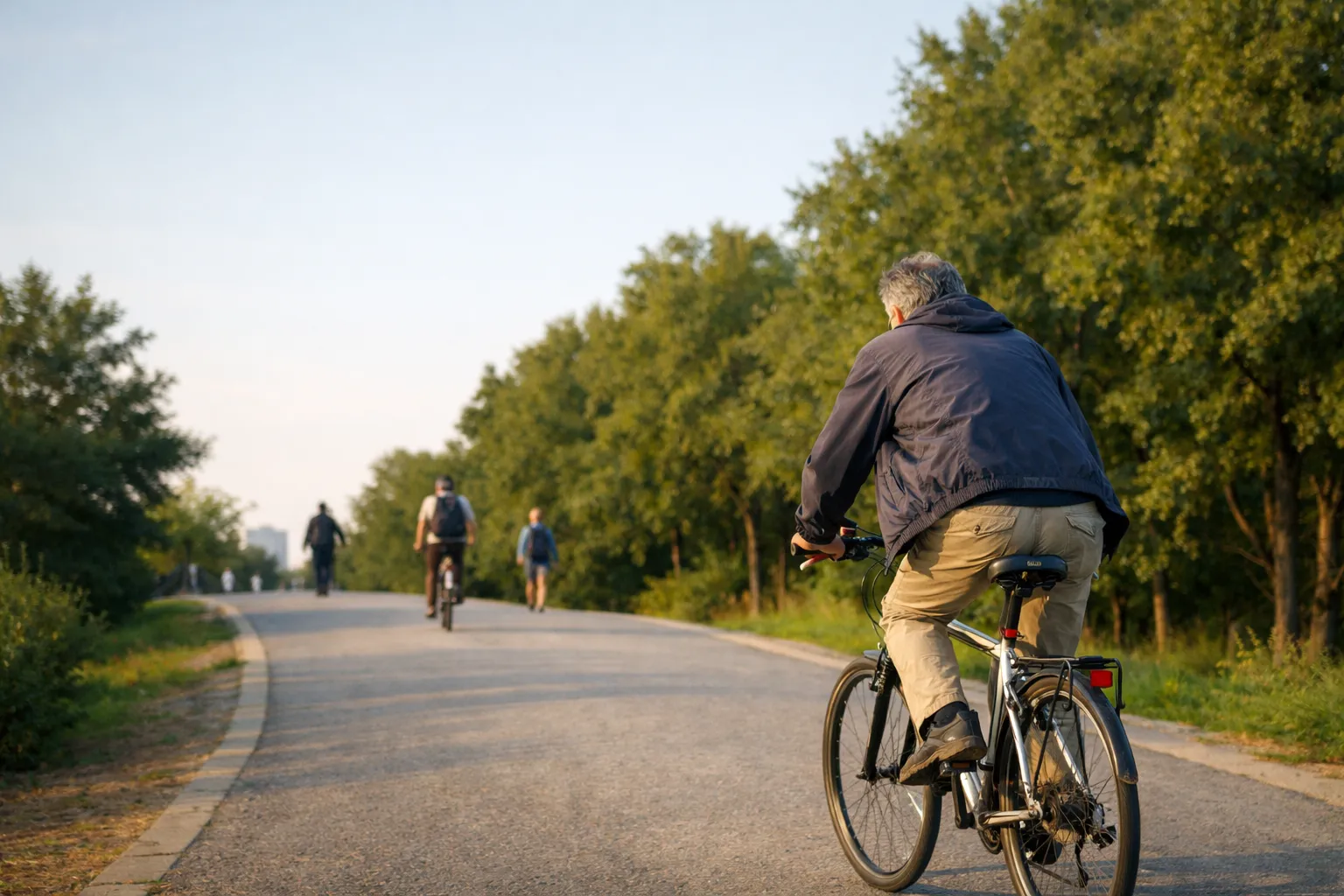 A man in his fifties cycles uphill on a tree-lined urban park path.